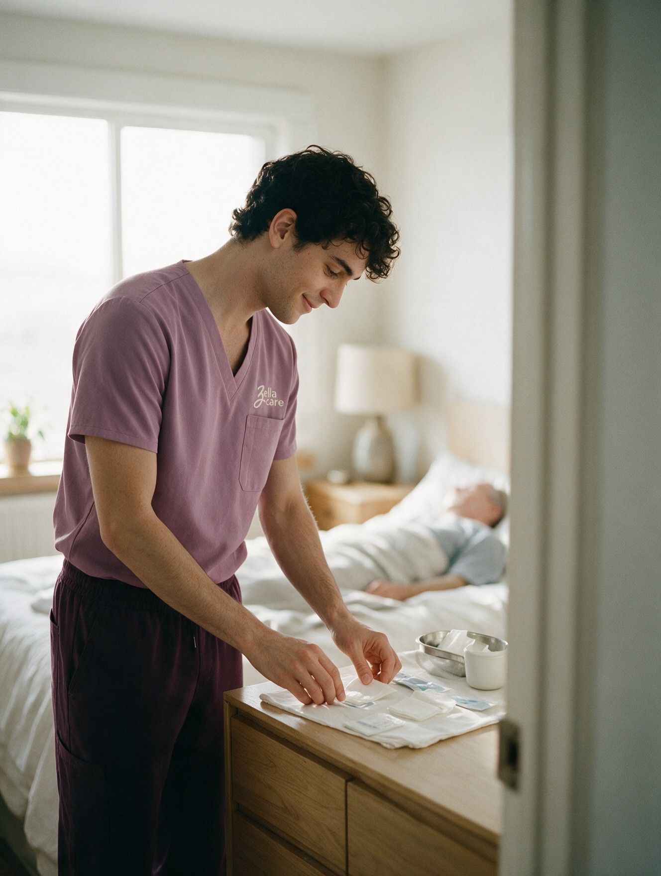 Enfermeiro da Zella Care acompanhando um paciente no quarto