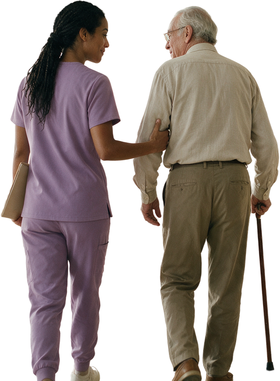 Enfermeira da Zella Care caminhando ao lado de um senhor que usa bengala